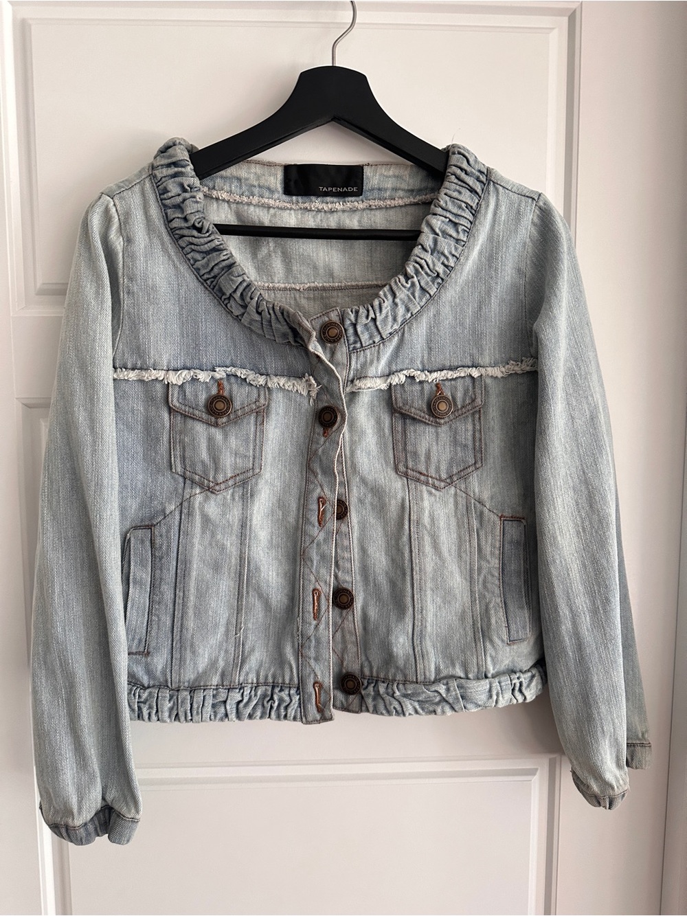 Tapenade Ruffle Cropped Denim Jacket Light Wash Size L